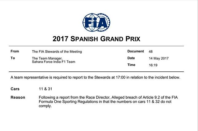 Представители Force India вызваны к стюардам