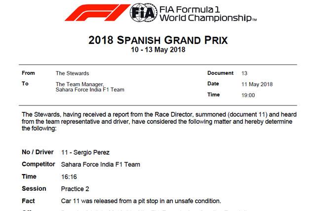 Force India оштрафована на 5000 евро