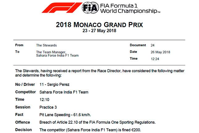 Стюарды оштрафовали Force India на 200 евро