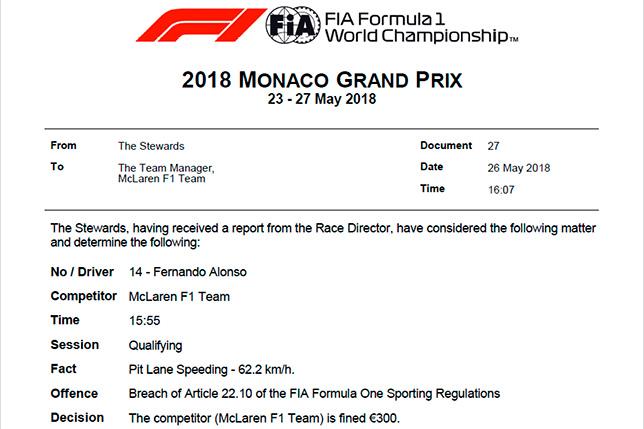 Стюарды оштрафовали McLaren на 300 евро
