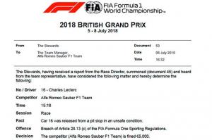 Стюарды наказали Sauber за потерю колеса