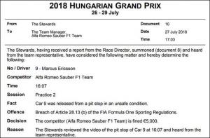 Sauber оштрафовали на 5000 евро