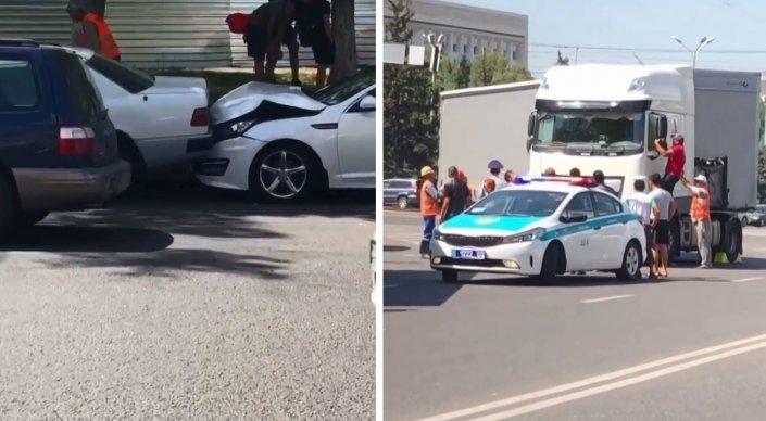Грузовик снес семь автомобилей близ акимата Алматы 