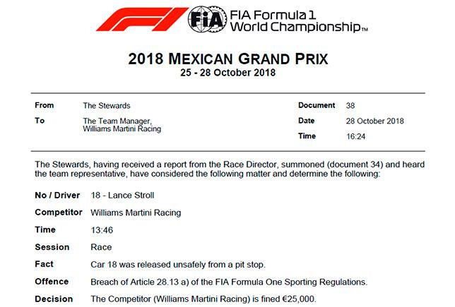 Команда Williams оштрафована на 25 тысяч евро