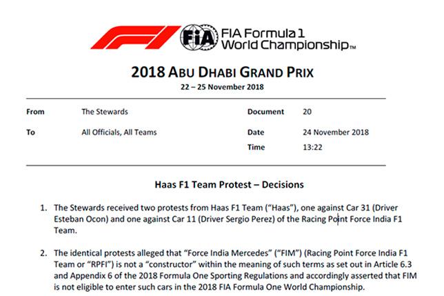 Стюарды отклонили протест Haas против Force India