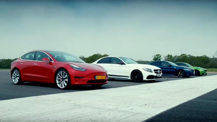 Видео: Tesla Model 3 против «заряженных» Alfa Romeo, BMW и Mercedes-AMG