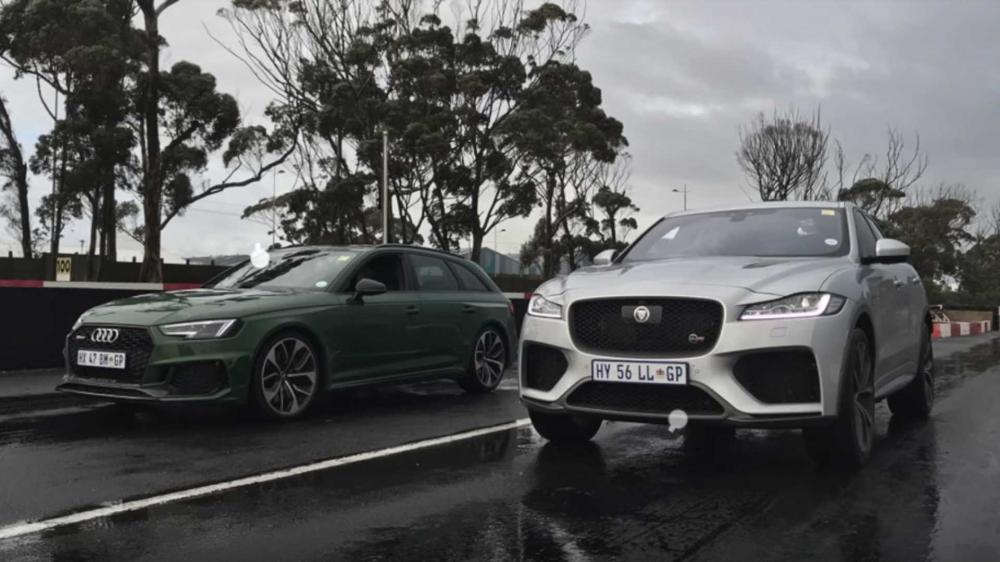 Видео: Jaguar F-Pace SVR бросает вызов Audi RS4 Avant на мокрой трассе