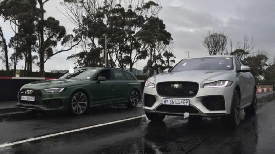 Видео: Jaguar F-Pace SVR бросает вызов Audi RS4 Avant на мокрой трассе