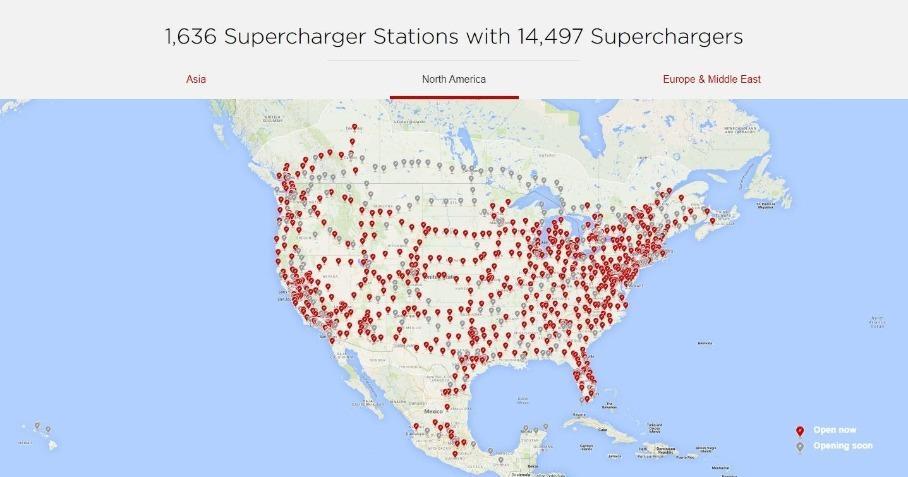 Количество станций Supercharger по состоянию на начало декабря 2019 года. Серым цветом отмечены пункты, которые откроются в ближайшем будущем