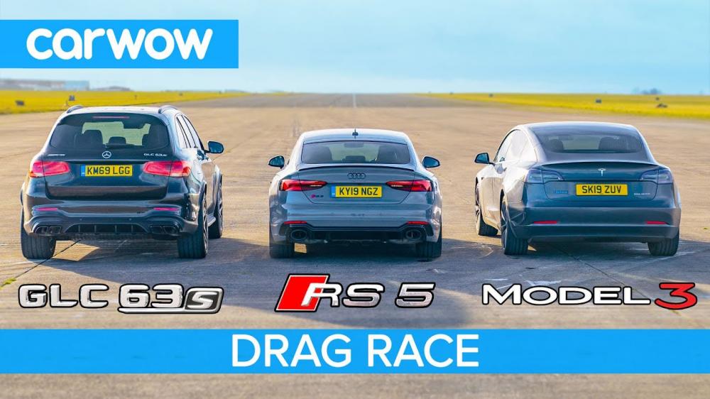 Видео: Audi RS5 и Mercedes-AMG GLC63 S сразились в дрэге с Tesla Model 3