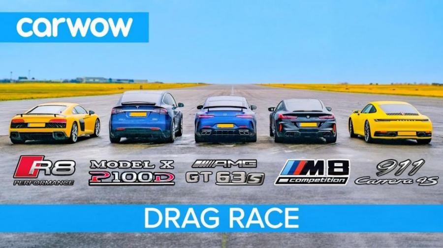 Дрэг-гонка: Audi R8, BMW M8, Mercedes-AMG GT63, Porsche 911 против Tesla