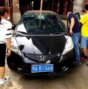 В Китае водитель выжил после падения на его Honda Fit трехметровой железной трубы