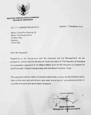 Правительство оплатит контракт Харьянто с Manor 