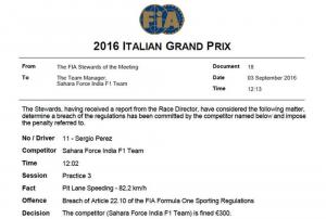 Стюарды оштрафовали Force India на 300 евро