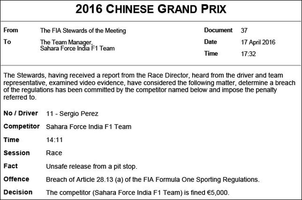 Force India оштрафовали за инцидент на пит-лейн