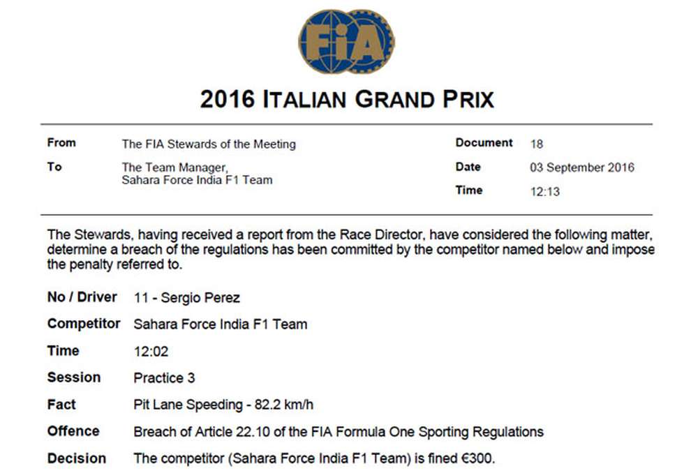 Стюарды оштрафовали Force India на 300 евро